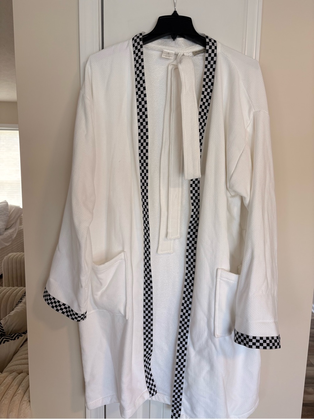 MacKenzie-Childs White Open-Front Coatigan with Black Checker Trim